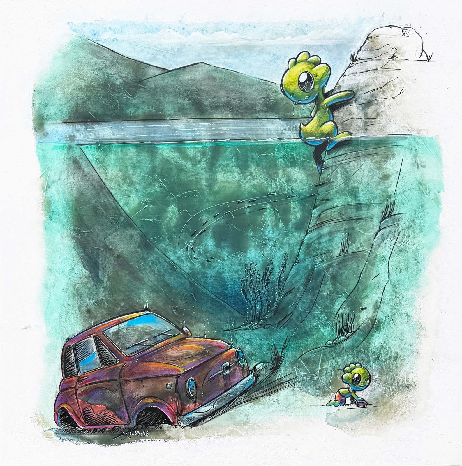 500 leghe sotto il lago, opera di Pabryoda con Emmsì – tela, tecnica mista acrilici, 70x70 cm