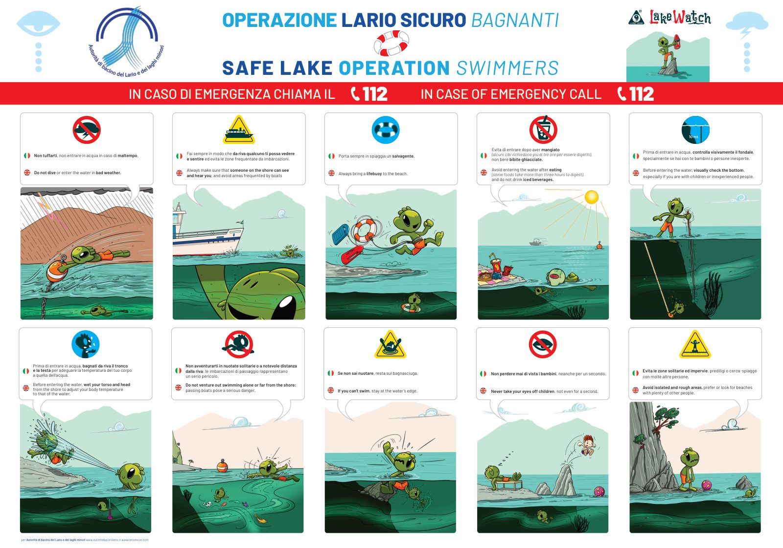 Cartellone di Operazione Lario Sicuro con le 10 regole illustrate di Lake Watch per la sicurezza dei bagnanti, in italiano e inglese