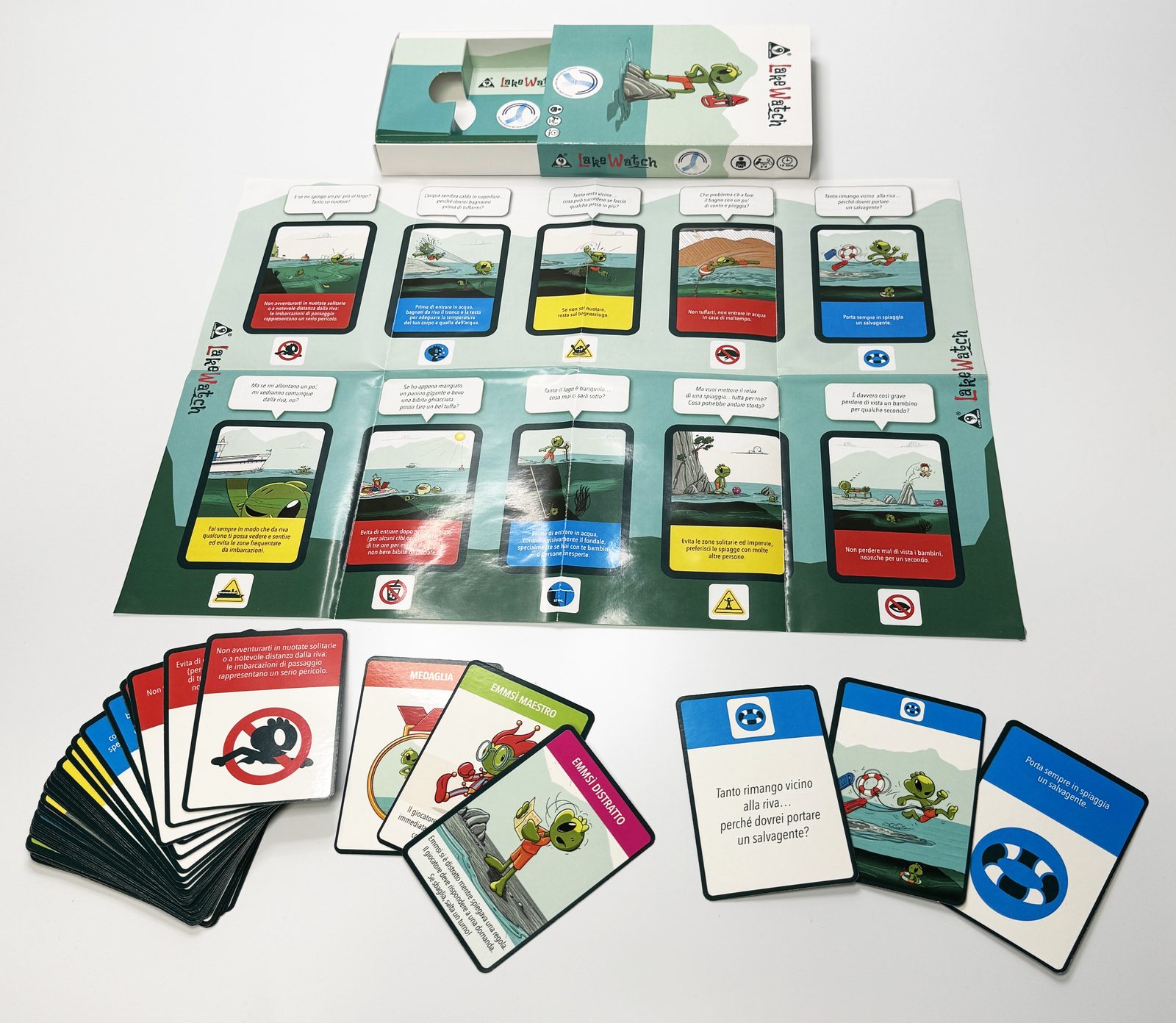 Lake Watch, il gioco completo: scatola, tabellone e carte di domande, regole e illustrazioni